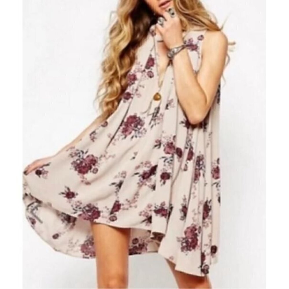 Free People Dress Womens Medium Snap Out Of It Tree Floral Swing Ivory Pink Boho